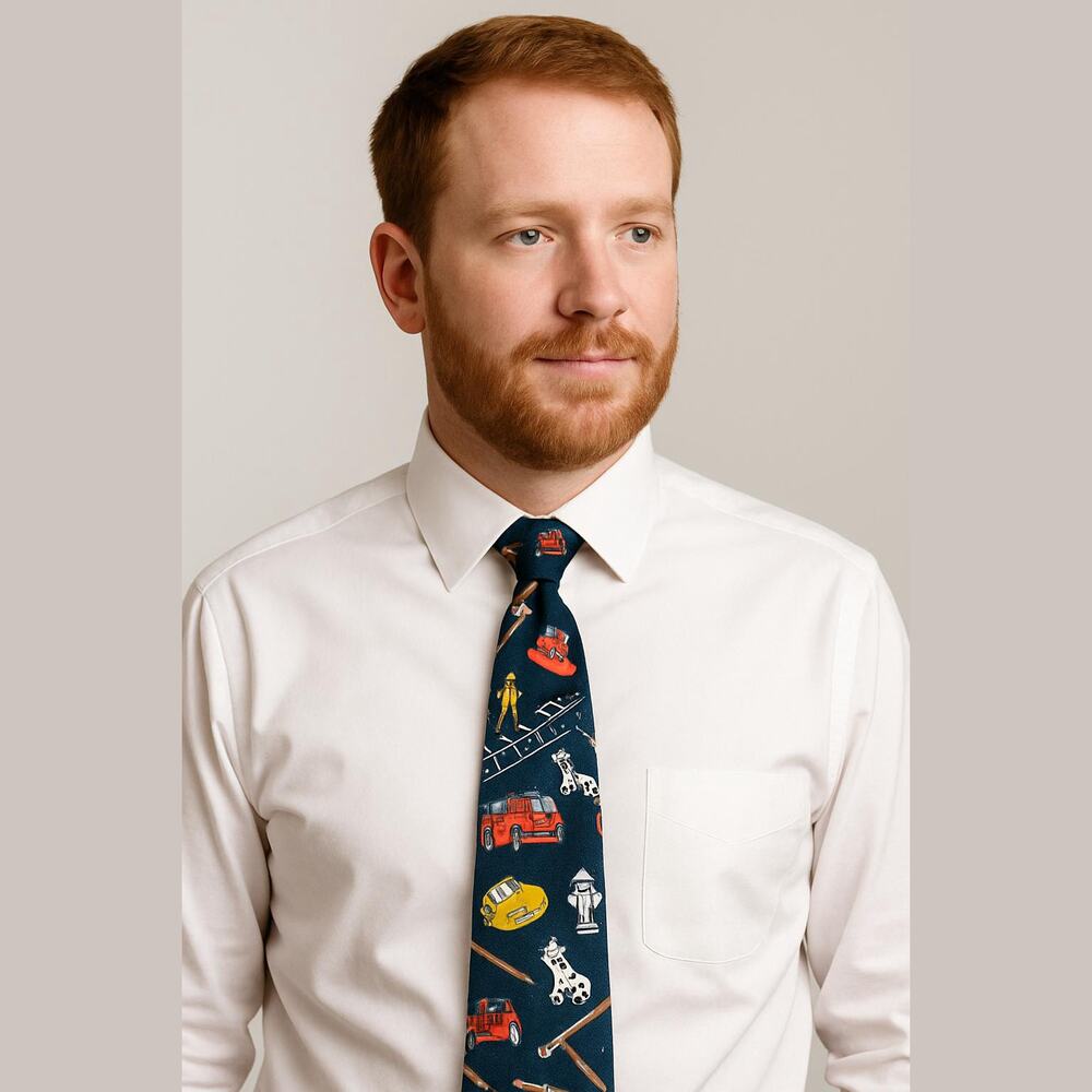 A Rogers Retro Navy Blue Fireman Truck Dalmatian Festive Novelty Fun Men's Tie